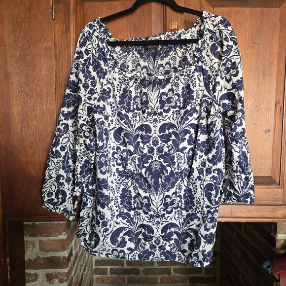 Talbots Opulent Floral Square Neck Top - Blue and White - Large - 100% Cotton - Picture 1 of 12